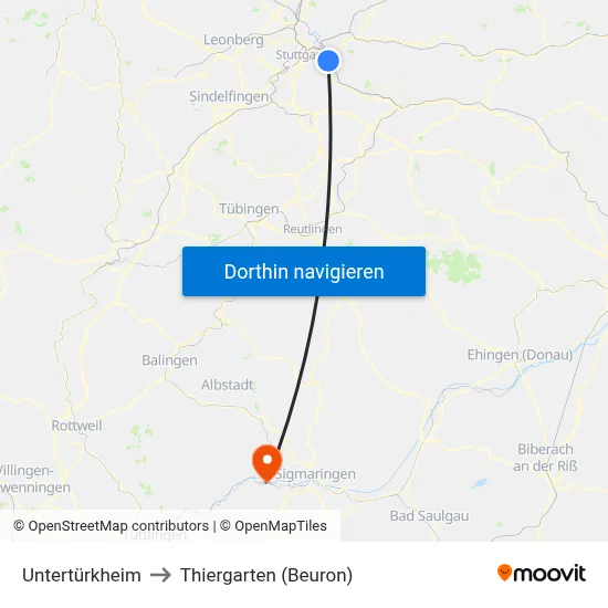 Untertürkheim to Thiergarten (Beuron) map