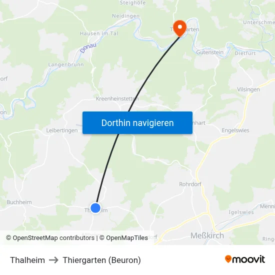 Thalheim to Thiergarten (Beuron) map