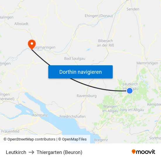 Leutkirch to Thiergarten (Beuron) map