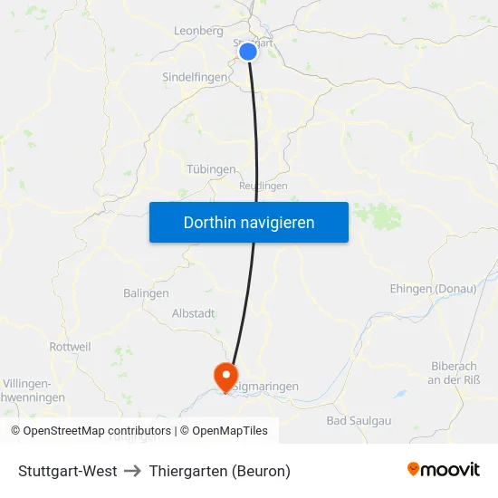 Stuttgart-West to Thiergarten (Beuron) map