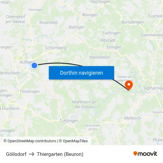 Göllsdorf to Thiergarten (Beuron) map