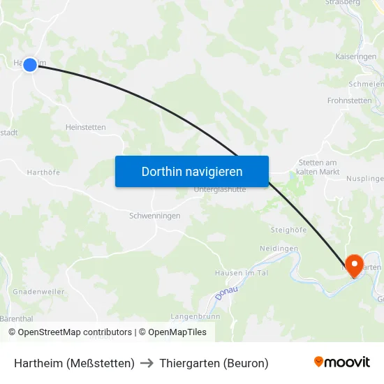 Hartheim (Meßstetten) to Thiergarten (Beuron) map