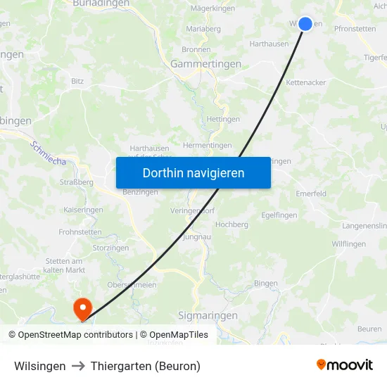 Wilsingen to Thiergarten (Beuron) map