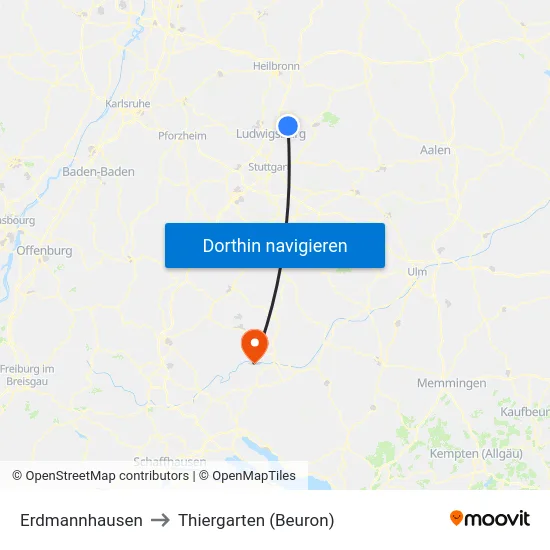 Erdmannhausen to Thiergarten (Beuron) map