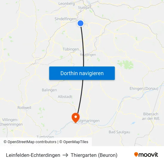 Leinfelden-Echterdingen to Thiergarten (Beuron) map