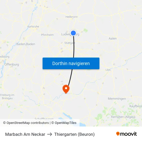 Marbach Am Neckar to Thiergarten (Beuron) map