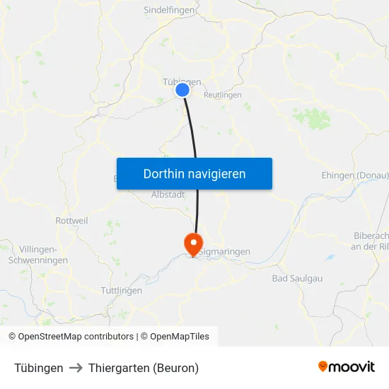 Tübingen to Thiergarten (Beuron) map