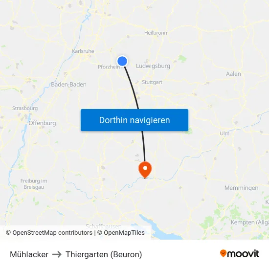 Mühlacker to Thiergarten (Beuron) map