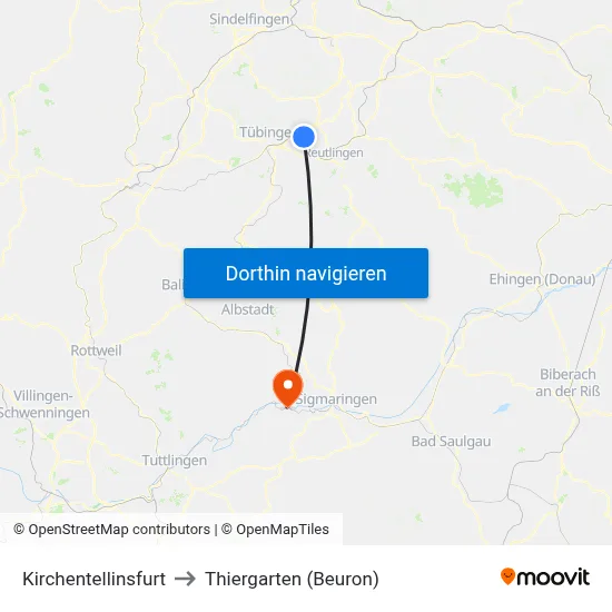 Kirchentellinsfurt to Thiergarten (Beuron) map