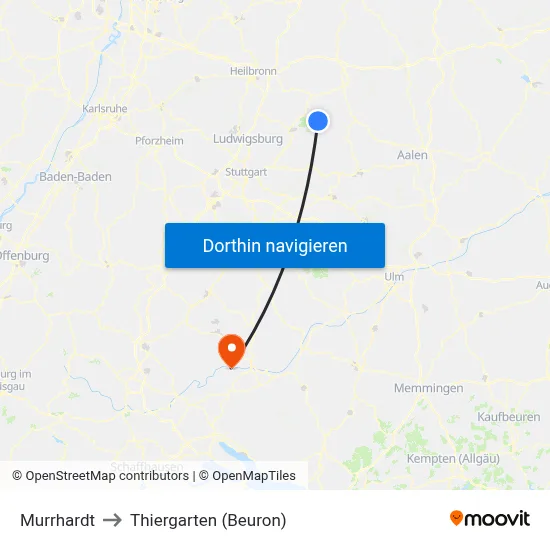 Murrhardt to Thiergarten (Beuron) map