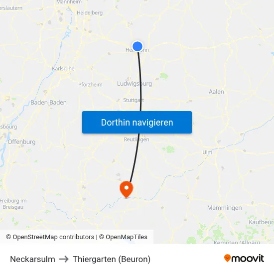Neckarsulm to Thiergarten (Beuron) map