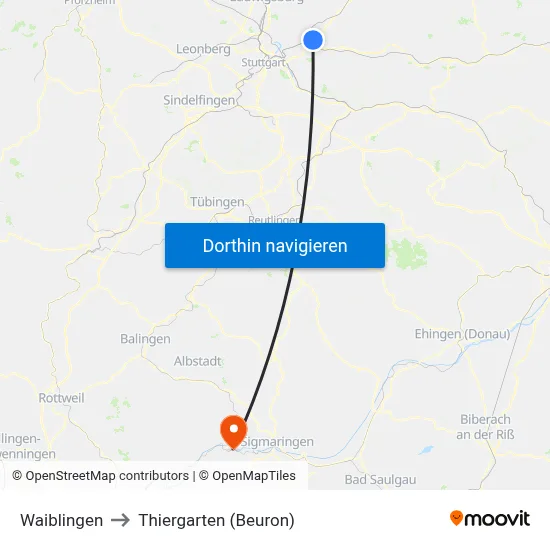 Waiblingen to Thiergarten (Beuron) map