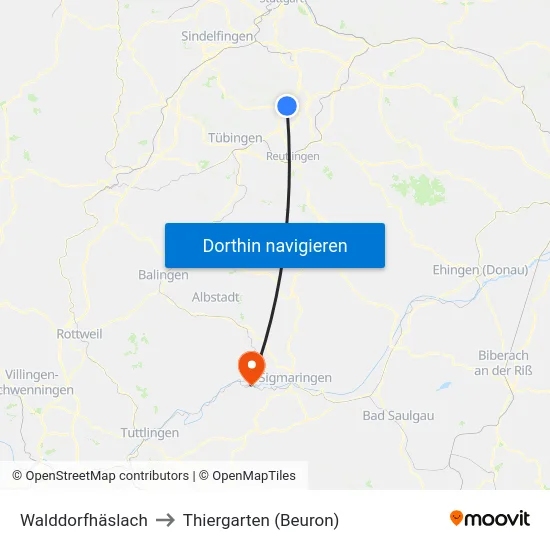 Walddorfhäslach to Thiergarten (Beuron) map