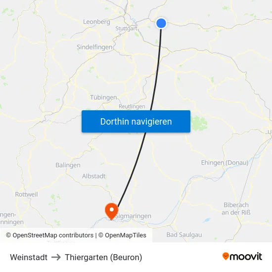 Weinstadt to Thiergarten (Beuron) map