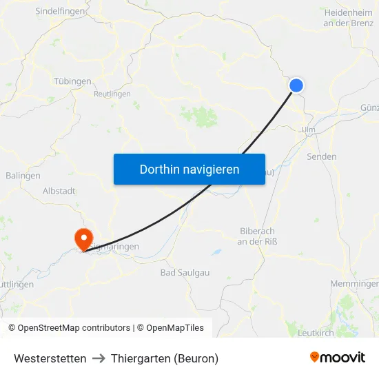 Westerstetten to Thiergarten (Beuron) map