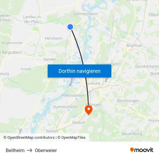 Bellheim to Oberweier map