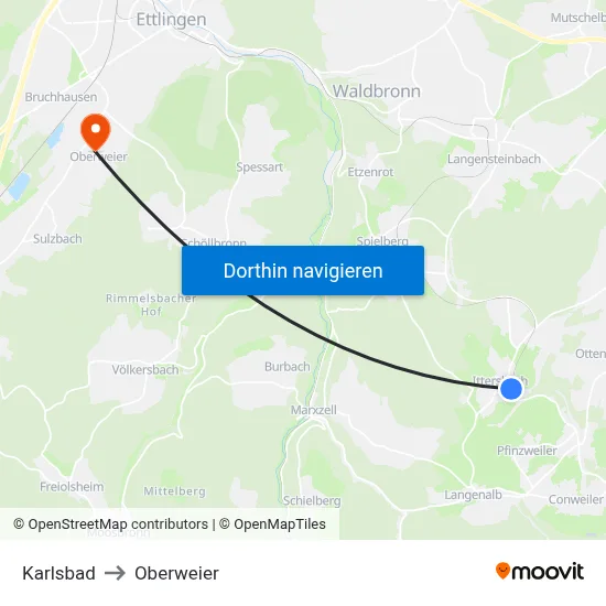 Karlsbad to Oberweier map