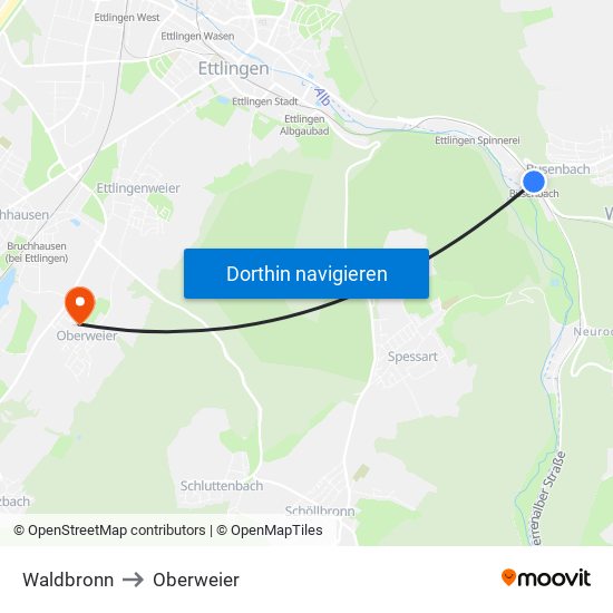 Waldbronn to Oberweier map