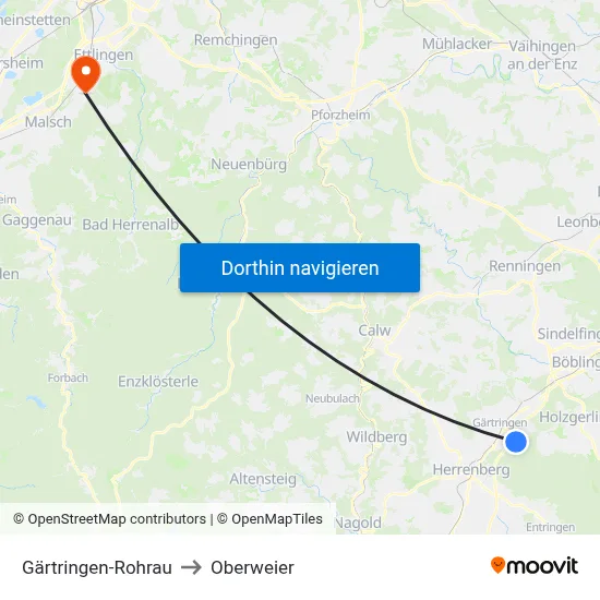 Gärtringen-Rohrau to Oberweier map