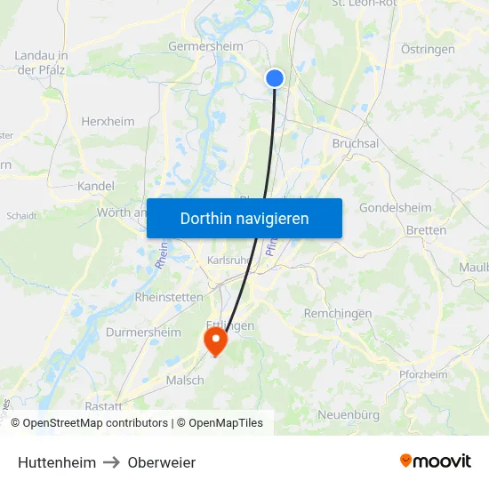 Huttenheim to Oberweier map