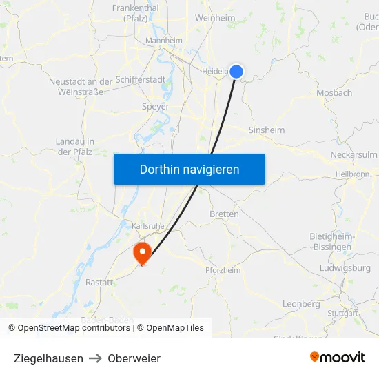 Ziegelhausen to Oberweier map