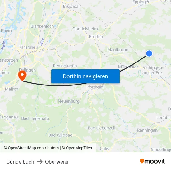 Gündelbach to Oberweier map