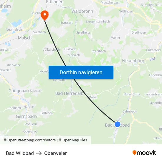Bad Wildbad to Oberweier map