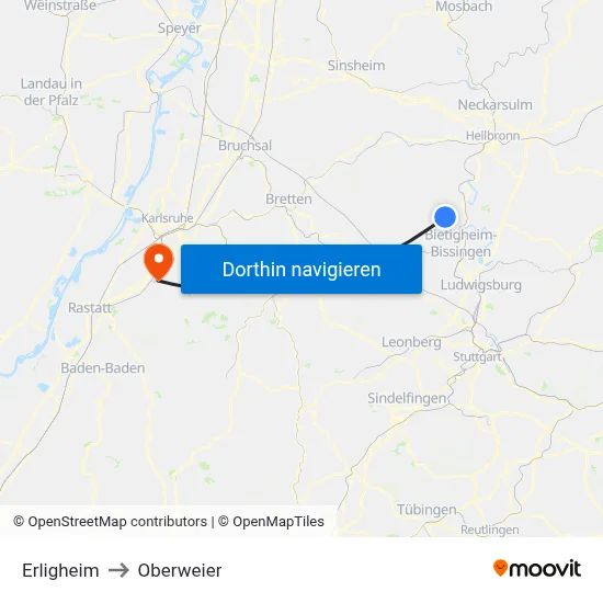Erligheim to Oberweier map
