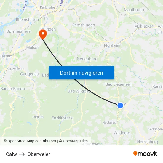 Calw to Oberweier map