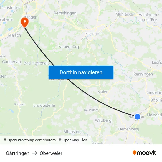 Gärtringen to Oberweier map