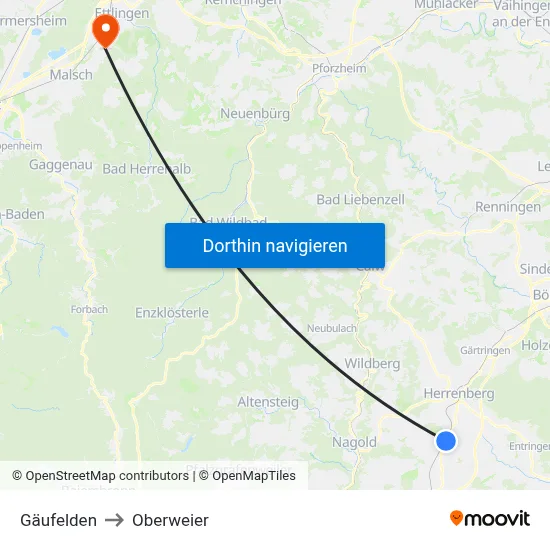 Gäufelden to Oberweier map