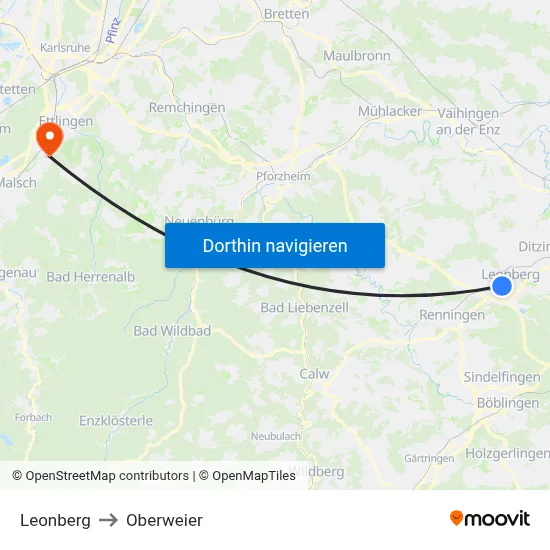 Leonberg to Oberweier map