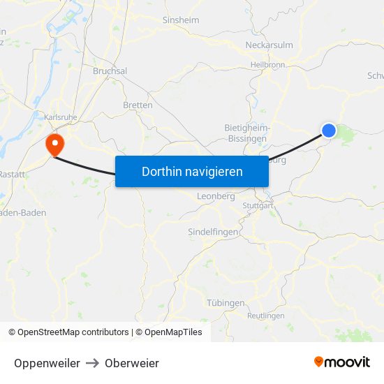 Oppenweiler to Oberweier map