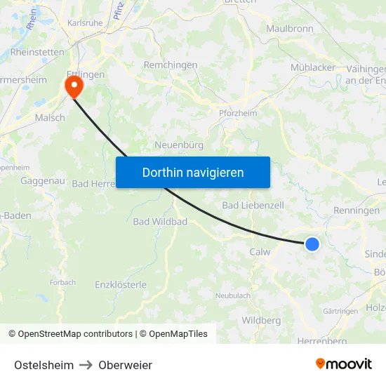 Ostelsheim to Oberweier map