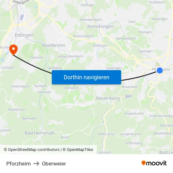 Pforzheim to Oberweier map