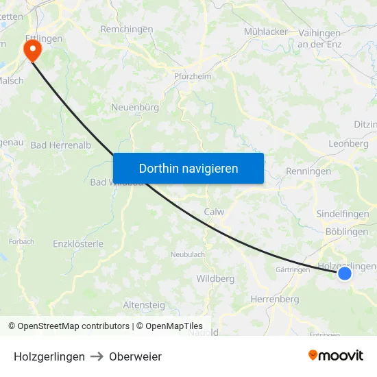 Holzgerlingen to Oberweier map