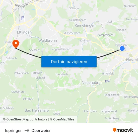 Ispringen to Oberweier map