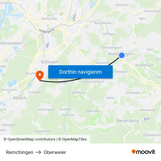 Remchingen to Oberweier map