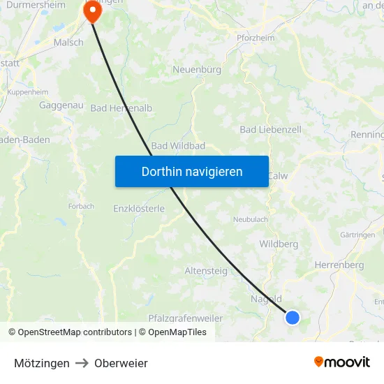 Mötzingen to Oberweier map
