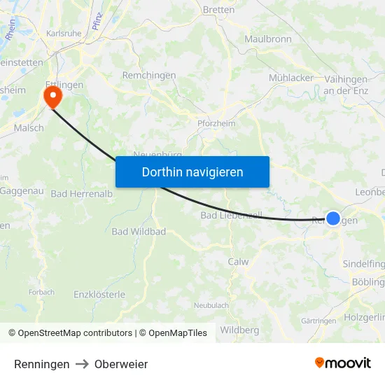 Renningen to Oberweier map