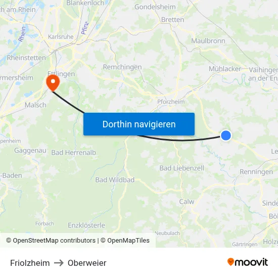 Friolzheim to Oberweier map