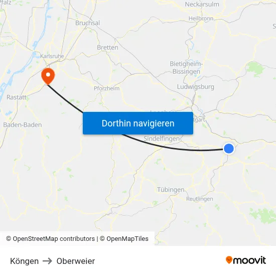 Köngen to Oberweier map