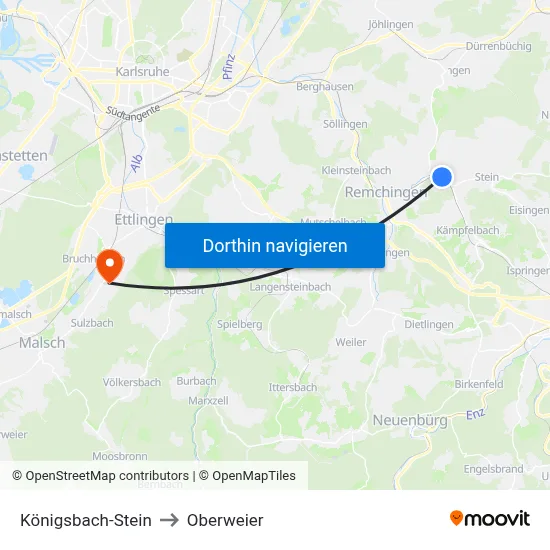 Königsbach-Stein to Oberweier map