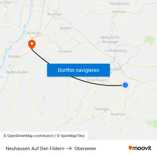 Neuhausen Auf Den Fildern to Oberweier map