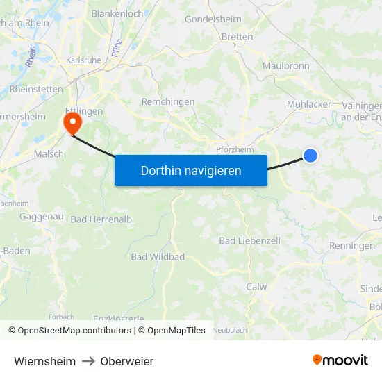 Wiernsheim to Oberweier map