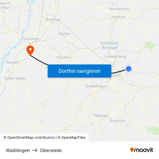 Waiblingen to Oberweier map