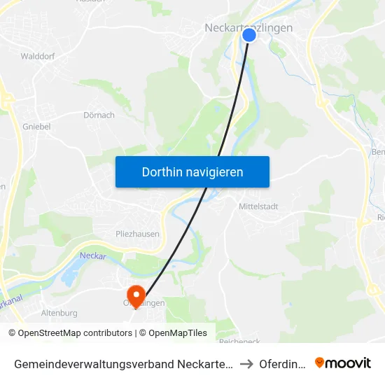 Gemeindeverwaltungsverband Neckartenzlingen to Oferdingen map