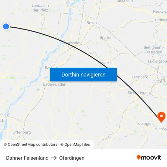 Dahner Felsenland to Oferdingen map