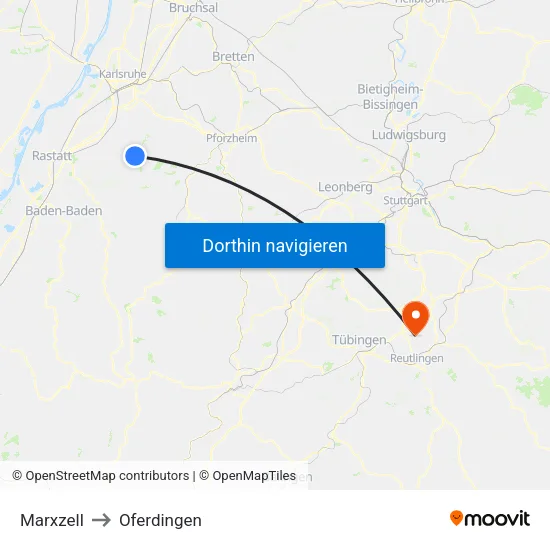 Marxzell to Oferdingen map