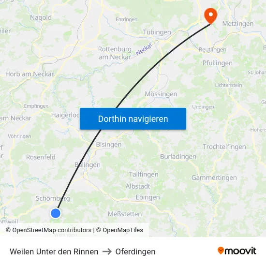 Weilen Unter den Rinnen to Oferdingen map